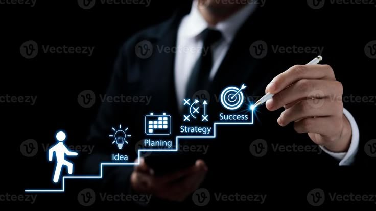 empresários apontam para planos de crescimento de negócios bem sucedidos, escada de sucesso, planejamento de ação e metas de negócios de longo prazo